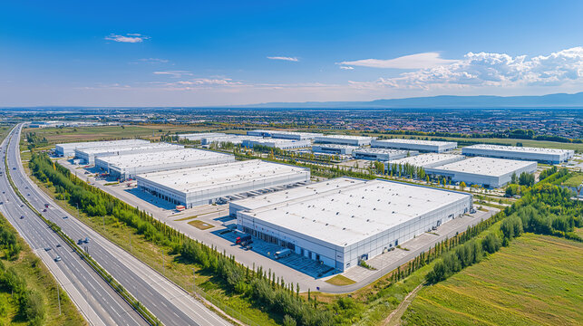 Panoramic aerial view of a large industrial park with multiple warehouses and loading bays, showcasing logistics and distribution