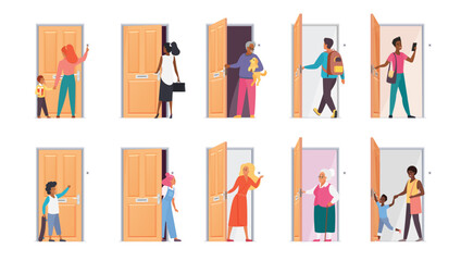 People open door set. Diverse young and old, male and female characters opening door, leaving or entering room at home or office, standing to knock or ring doorbell cartoon vector illustration