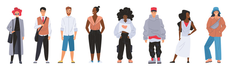 A diverse group of people wearing different styles of street clothes, representing fashion, individuality, and modern urban life vector illustration.