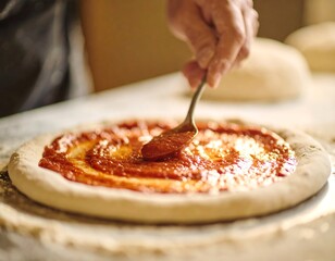 Hand spreading tomato sauce on raw pizza dough with a spoon on a floured surface