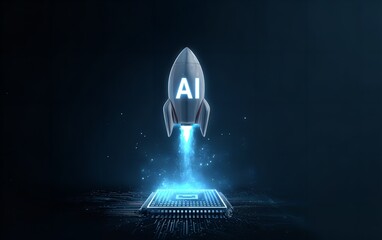 Aipowered rocket launching from a computer chip symbolizes technological advancement and the rapid growth of artificial intelligence