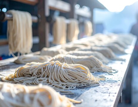 Freshly made noodles drying on a wooden table in natural light Noodles preparation food production traditional process