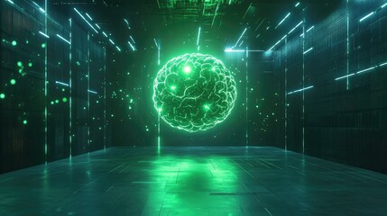 Artificial intelligence brain glowing in digital network room