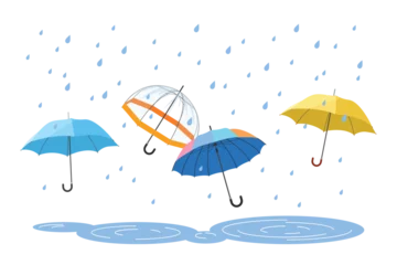 Fotobehang Beren Open umbrellas protect from raindrops in autumn, summer or spring rain, rainy weather poster. Group of umbrellas with handles of different colors and waterproof fabric cartoon vector illustration  © lembergvector