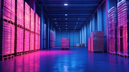 Futuristic warehouse storing goods on pallets with neon lighting