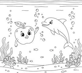 Cute Underwater Scene with Cartoon Apple and Dolphin – Fun Marine Coloring Page Illustration for Kids

