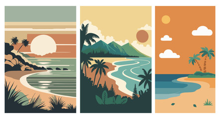 Tropical beach landscape vector set. Palm trees, coastline, sunset, summer vacation, and ocean scenery illustration perfect for travel, nature, and paradise design themes