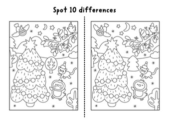 Fototapeta na wymiar Christmas line find differences game. Winter holiday black and white activity with animals, fir tree, snowy night. Printable worksheet, coloring page for kids with New Year character