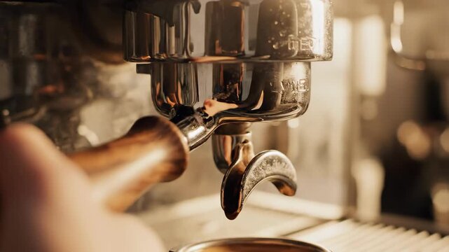 Expert Barista Skillfully Locks Portafilter into a Gleaming Chrome Espresso Machine