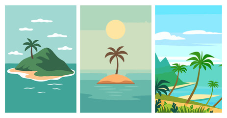 Tropical island landscape vector set. Palm trees, beach scenery, summer vacation, ocean view, and exotic paradise illustration perfect for travel, nature, and holiday design