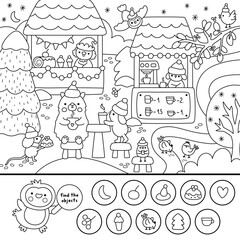 Vector black and white searching game with Christmas village landscape. New Year line seek and find printable activity, coloring page for kids. Winter holiday worksheet with fair with stalls, drinks