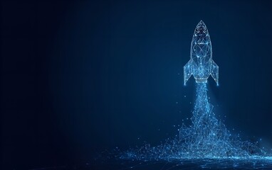 Futuristic rocket launch illustration against a dark blue background symbolizing innovation technology and the future of space exploration