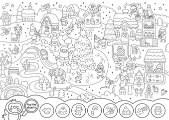 Fototapeta na wymiar Vector black and white searching game with Christmas village landscape. New Year line seek and find activity, coloring page for kids. Winter holiday worksheet with tree, elf, animals, Santa Claus