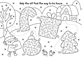 Christmas black and white maze for kids geometrical candy cane, tree, present, ball. New Year printable line activity. Winter holiday labyrinth game, puzzle, coloring page. Help elf find way to house