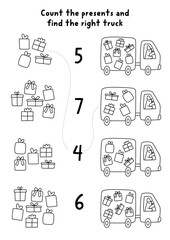 Match the numbers black and white Christmas game with goose driver on truck with presents. New Year line math activity for kids. Winter holiday educational counting worksheet, coloring page