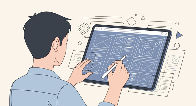 User Experience Designing a website layout on tablet with digital tools for optimal user experience