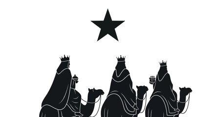 Epiphany illustration featuring three wise men silhouettes riding camels toward a shining star