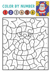 Vector Christmas color by number activity with Santa Claus. Winter black and white counting, colouring game. New Year coloring page for kids. Line printable worksheet with holiday symbol