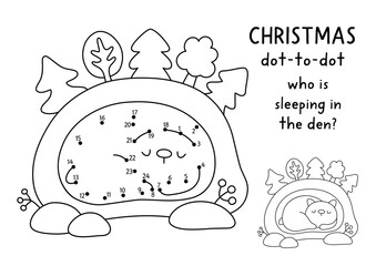 Christmas vector dot-to-dot and color activity with cute bear sleeping in his den. Black and white New Year connect the dots game for children with holiday symbol. Winter line printable worksheet
