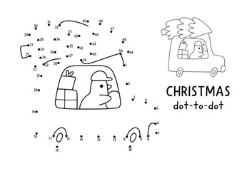 Christmas vector dot-to-dot and color activity with cute bird on car with fir tree. Black and white New Year connect dots game for children with holiday symbol. Winter line printable worksheet