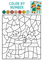 Vector Christmas color by number activity with elf cooking pudding. Winter black and white counting, colouring game. New Year coloring page for kids. Line printable worksheet with holiday symbol