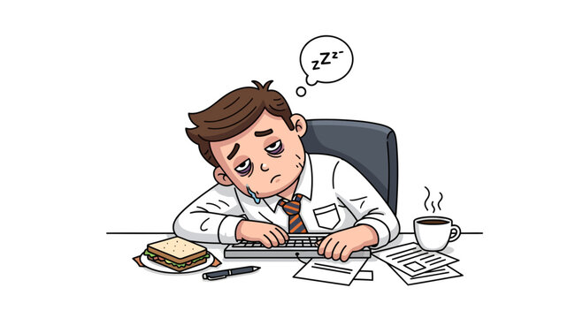 Exhausted employee cartoon illustration depicting burnout and sleep deprivation during work hours