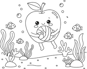 Cute Underwater Apple Character Holding Seashell – Fun Ocean Coloring Page with Fish, Coral and Marine Elements for Kids
