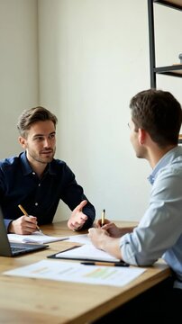Planning for future. Young couple sit at table with professional legal or financial advisor business consultant realtor discuss loan offer investment opportunit.