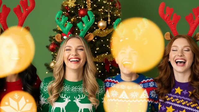 Four women in ugly christmas sweaters laughing with antlers