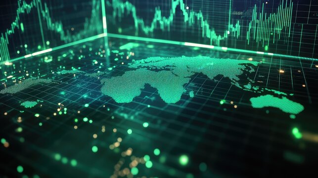 Global economy data analysis showing world map and financial charts