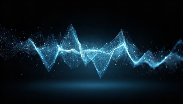 Abstract blue digital wave with connected dots and lines on a dark background representing technology and data visualization concepts - Powered by Adobe