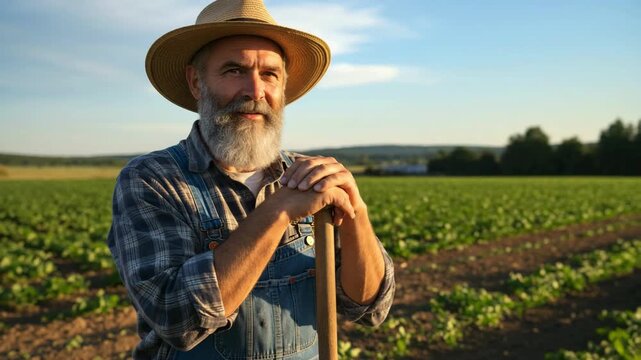 Senior farmer in a vegetable field at sunset, resting on a shovel handle, wearing straw hat and denim overalls, checking crop rows and soil health, barn on the horizon, warm golden hour portrait