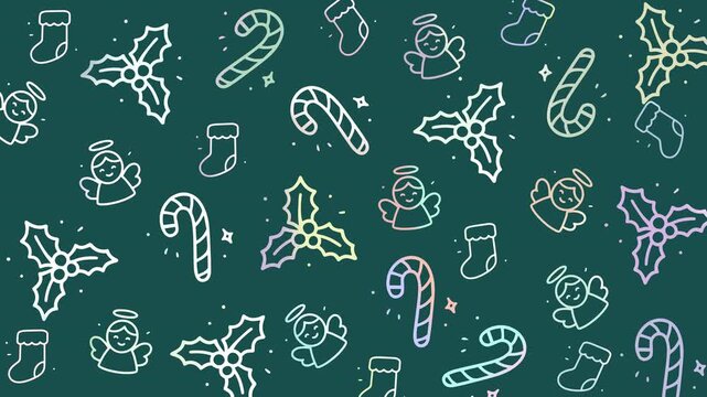 Doodle christmas festive pattern on a bright green background, perfect for holiday greeting cards, wrapping paper, and seasonal decorations.