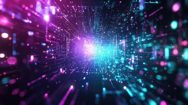 Digital data flowing tunnel abstract background with glowing particles