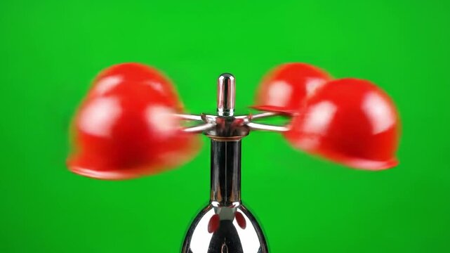 Rotating red cup anemometer on green screen with silver pole displaying air flow direction or wind