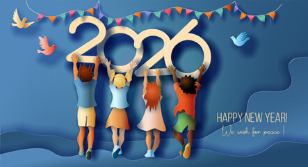 Happy cute children celebrating 2026 New Year, greeting card © Valenty
