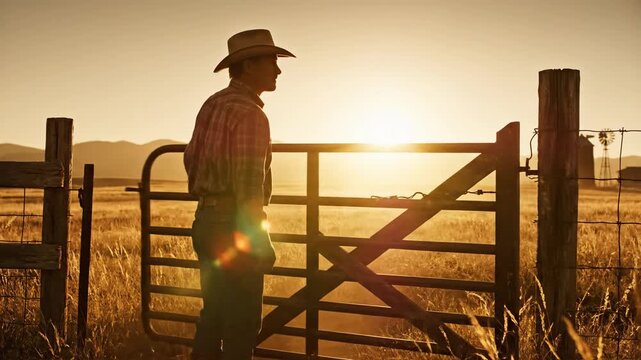 Rancher in silhouette opening a metal farm gate during gorgeous evening sunset.