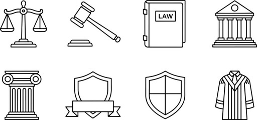 Striking law and justice icons set for legal professionals, courts, and law firms, ideal for websites, presentations, and educational resources about justice