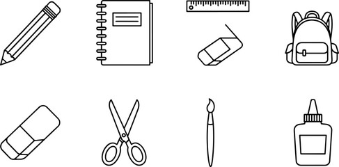 Essential school supplies ready for a new academic year like a pencil, notebook, eraser, ruler, backpack, scissors, brush and glue in a minimalist aesthetic
