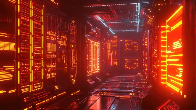 Futuristic server room displaying glowing data in red tones - Powered by Adobe