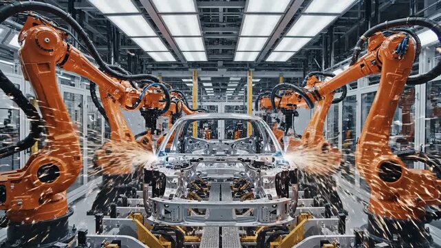 Automated orange robotic arms assemble the skeleton of a modern car chassis inside factory.