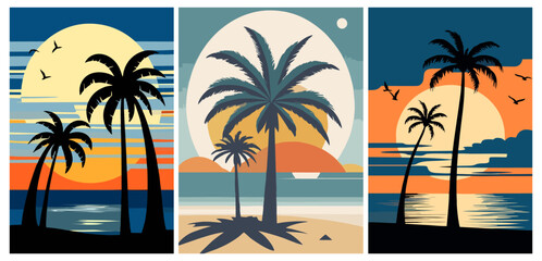 Tropical beach sunset vector set. Palm trees silhouette, ocean horizon, summer vacation, island paradise, and sunrise illustration perfect for travel and nature design © hadi