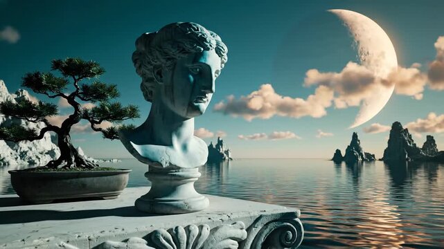 A stunning surreal scene featuring marble bust, bonsai, moon, and rocky islands.