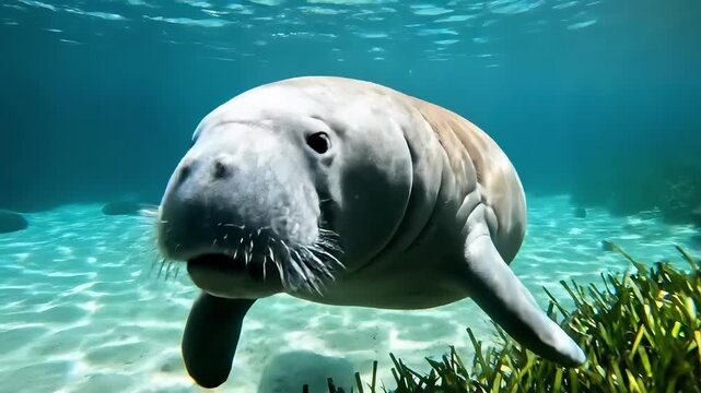 Gentle Giants - Manatees Grazing Underwater in Crystal Clear Waters.