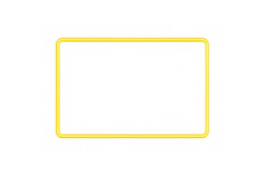 Yellow neon glowing rectangle frame with rounded corners, retro advertising style element on transparent background