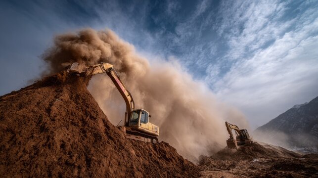 Two excavators dig into the earth, creating mounds of dirt and clouds of dust. The scene captures the intensity of construction work under a clear blue sky, showcasing machinery in action