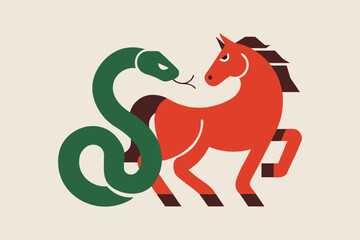 Flat design vector of the chinese zodiac animals, with the snake for 2025 and the horse for 2026, perfect for lunar new year graphics