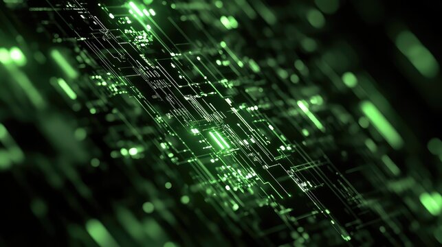 Green glowing futuristic circuit board sending data light pulses