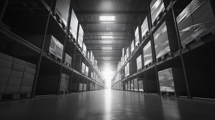 Warehouse interior aisle with storage racks and pallets