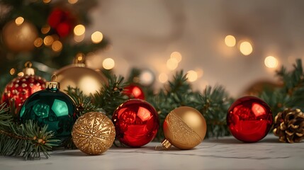 &ldquo;Luxury modern Christmas scene with elegant gold accents, deep red and emerald tones, glossy metallic ornaments, soft warm lighting, high-end festive decorations, minimal and sophisticated styling, ma